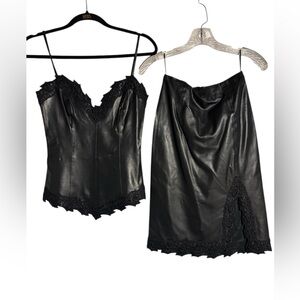 Vintage 90s Black French Lace Trim Faux Leather Cami Corset and Skirt Set Sz 36